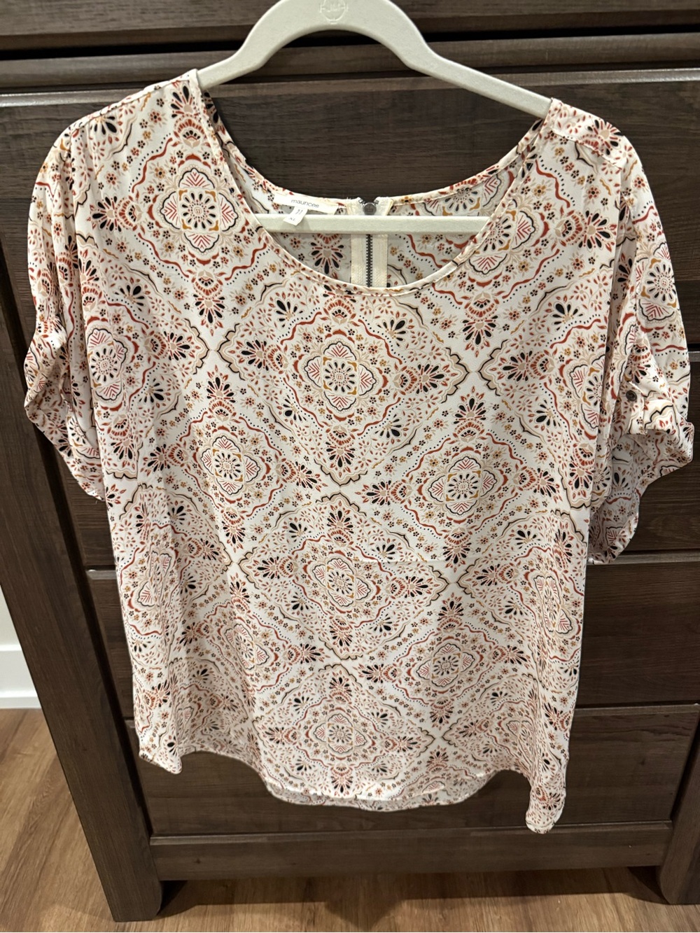 Maurices Cream Blouse with Rust and Tan Medallion Print
